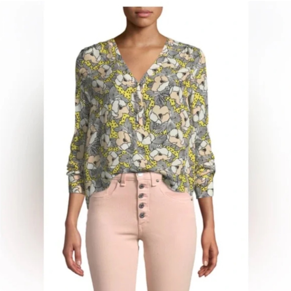 Veronica Beard Green and Brown Puff Sleeve Blouse
